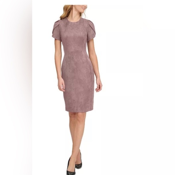 CALVIN KLEIN tan Faux suede luxe Round neckline tulip sleeve Sheath dress size 6 - Picture 2 of 3